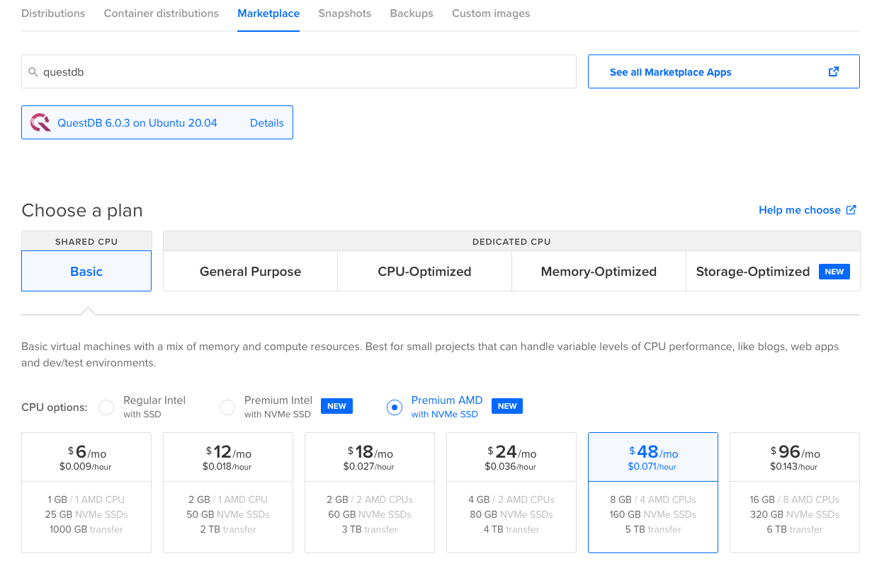 Choosing the RAM and CPU capacity for a QuestDB DigitalOcean Droplet