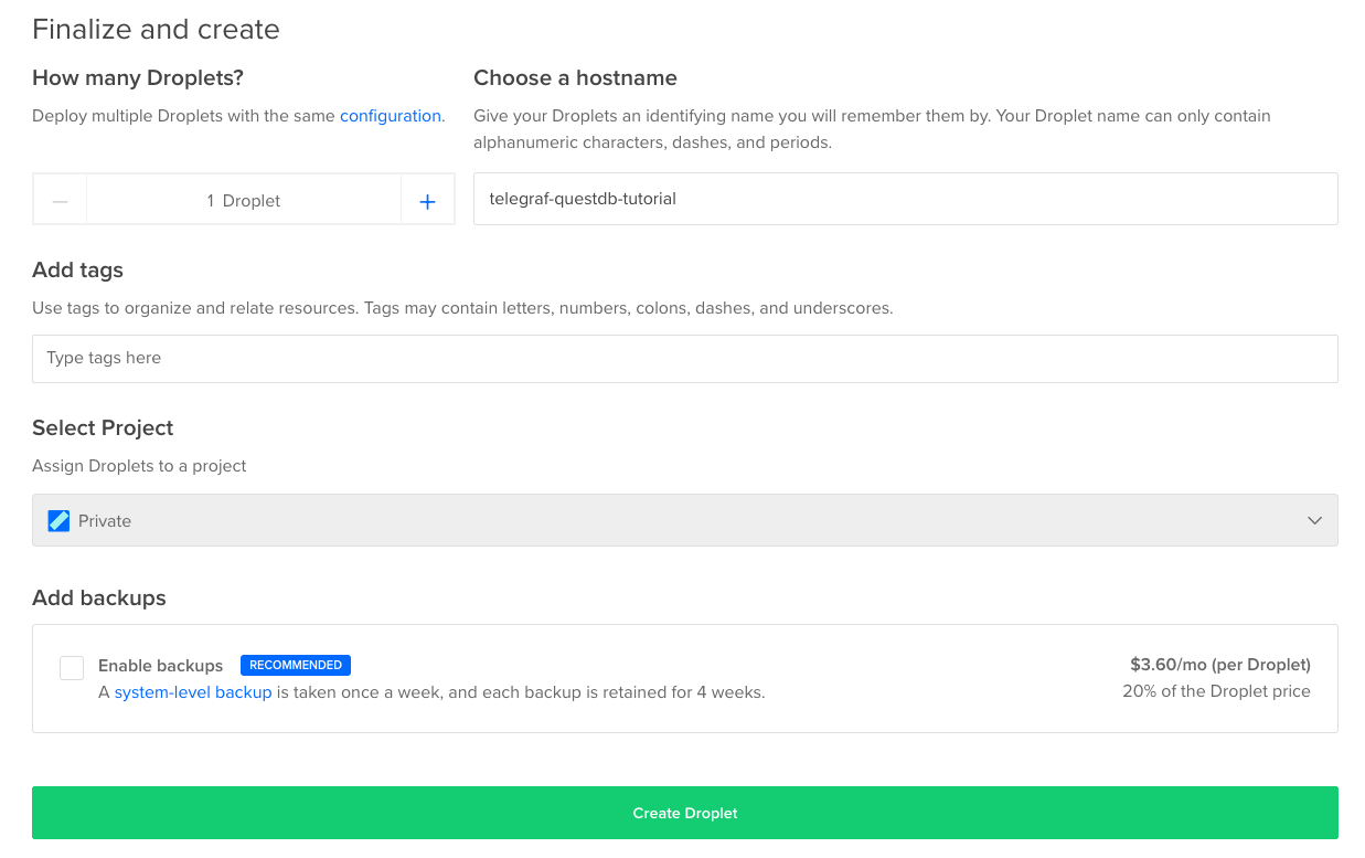 Finalizing the creation step of a DigitalOcean Droplet running QuestDB