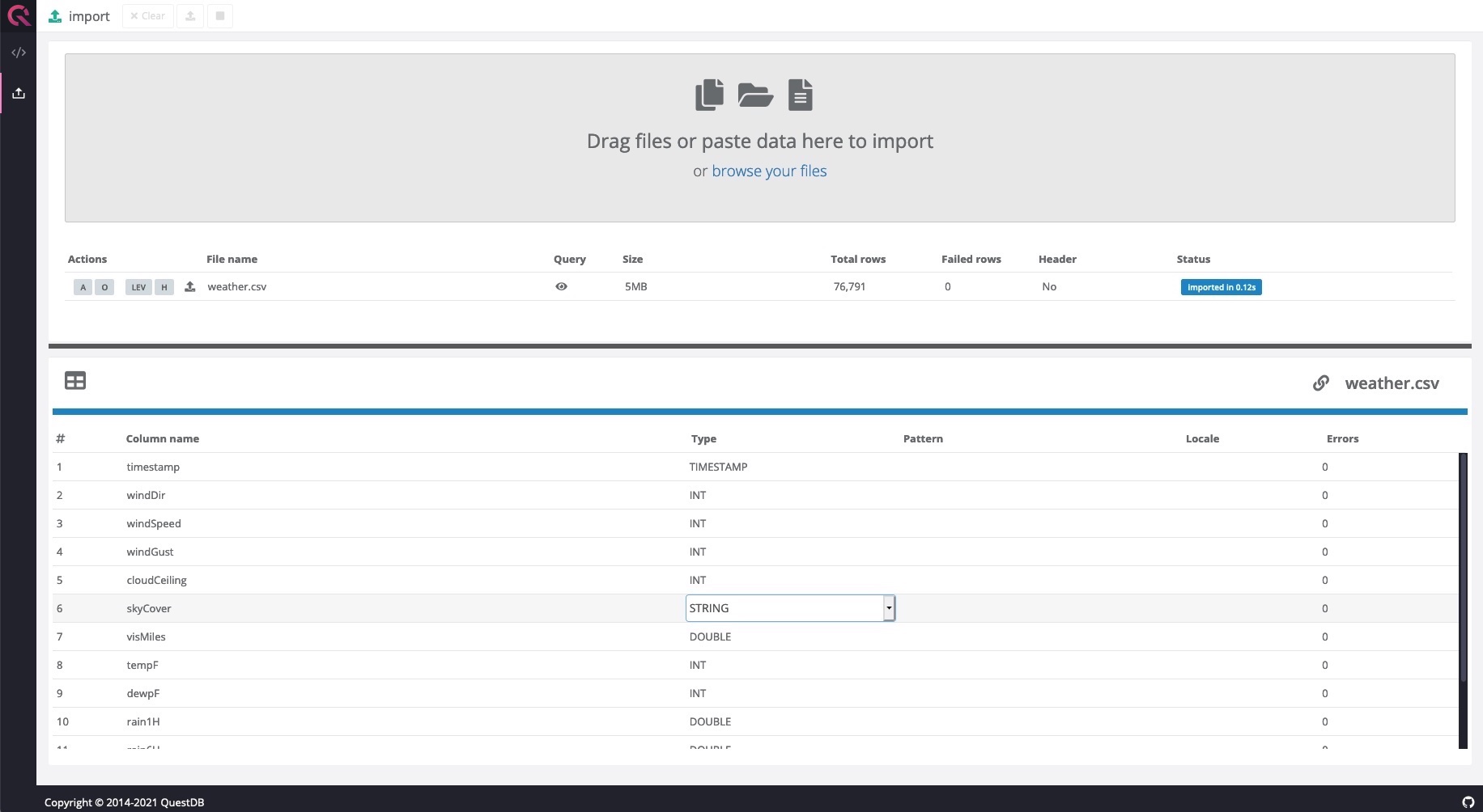 Change the schema in the Web Console when importing data