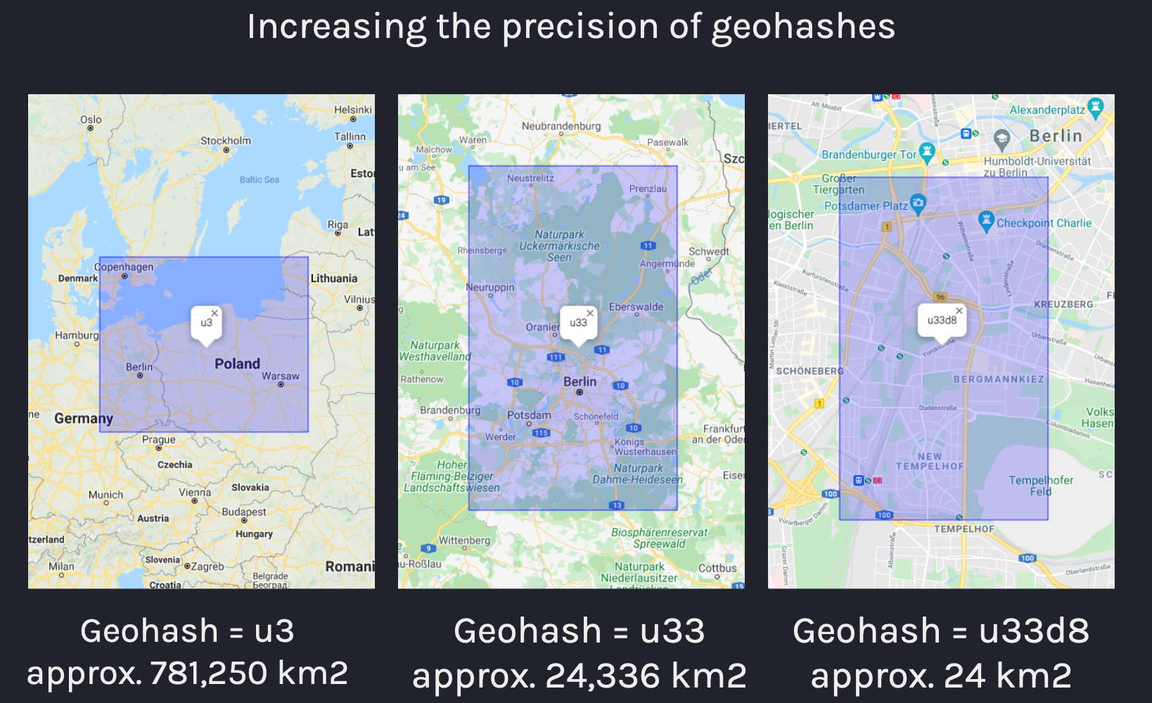 An illustration showing three maps with different geohash precision levels applied