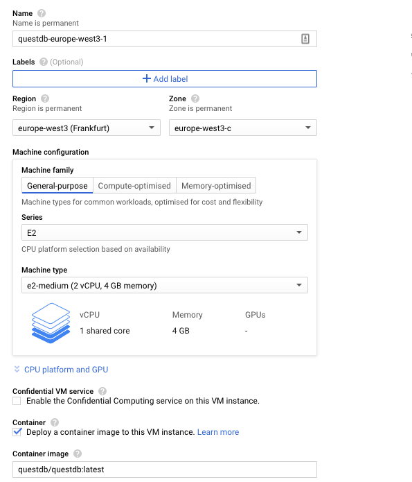 Deploying a QuestDB instance via Docker on Google Cloud Platform Compute Engine