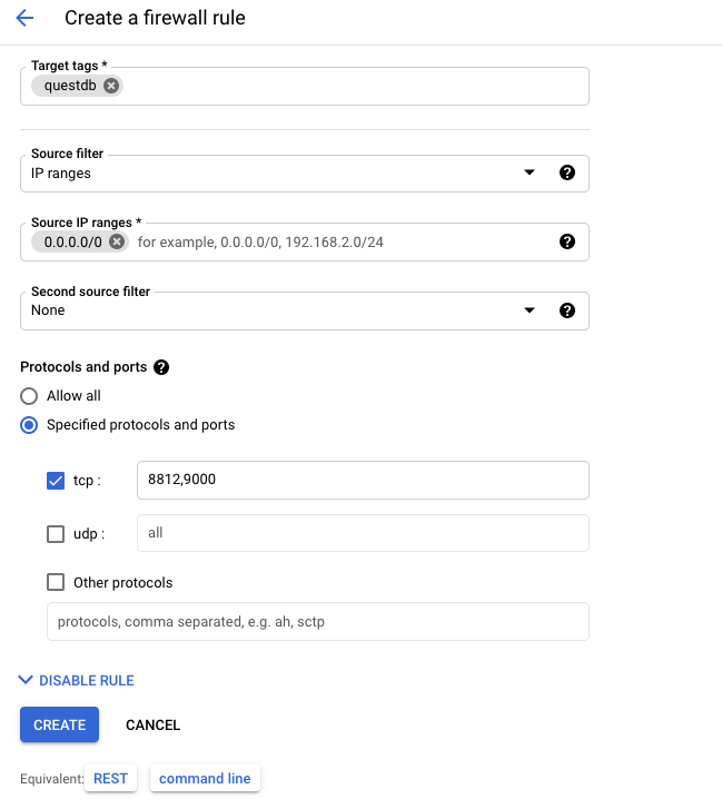 Creating a firewall rule in for VPC networking on Google Cloud Platform